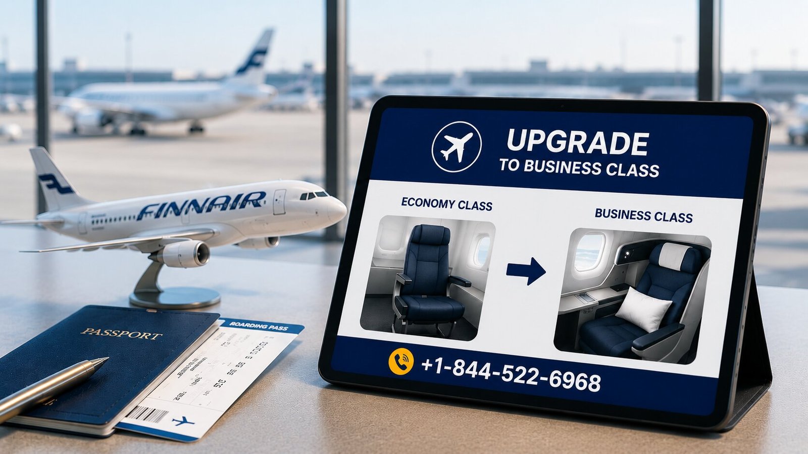 Finnair Business Class upgrade illustration showing economy to business class seat upgrade options at an airport.